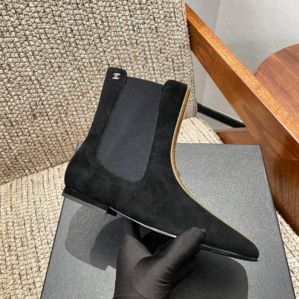CHANEL 26S ANKLE BOOTS IN BLACK SUEDE WITH CONTRASTING GOLD TONE TRIM