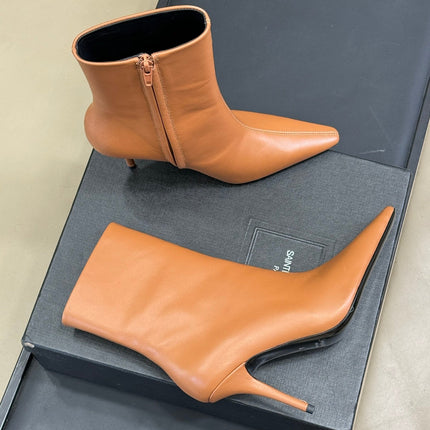 YSL 26S ZIPPERED HEELED BOOTS IN ORANGE BROWN CALFSKIN