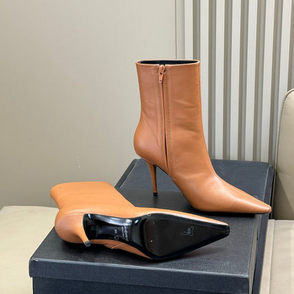 YSL 26S ZIPPERED HEELED BOOTS IN ORANGE BROWN CALFSKIN