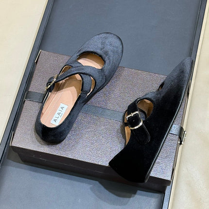 ALAIA 26S MARY JANE BALLET FLATS IN BLACK VELVET