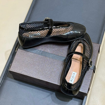 ALAIA 26S MARY JANE BALLET FLATS IN BLACK MESH AND GLOSSY CALFSKIN