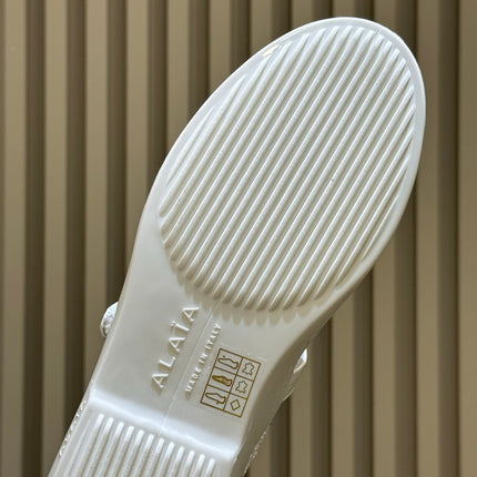 ALAIA 26S MARY JANE BALLET FLATS IN WHITE MESH AND GLOSSY CALFSKIN