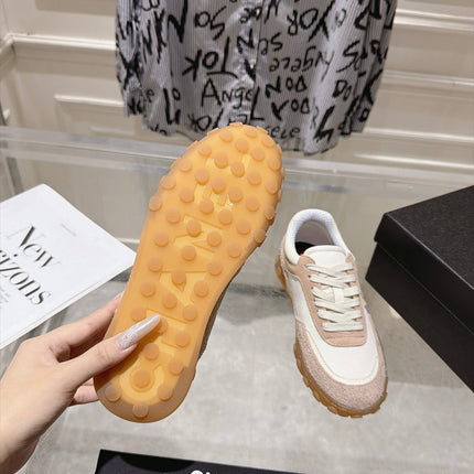 CHANEL 26S LACE UP SNEAKERS IN BEIGE SUEDE  AND WHITE FABRIC ROUND TOE
