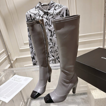 CHANEL 26S HIGH HEEL KNEE HIGH BOOTS 80 MM IN GRAY CALFSKIN AND BLACK PATENT LEATHER