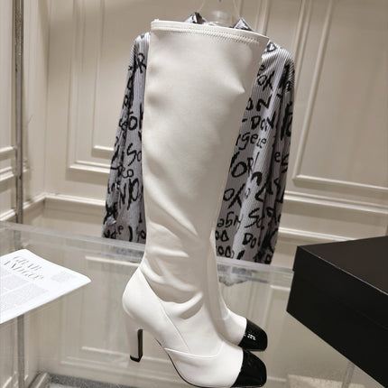 CHANEL 26S HIGH HEEL KNEE HIGH BOOTS 80 MM IN OFF WHITE CALFSKIN AND BLACK PATENT LEATHER