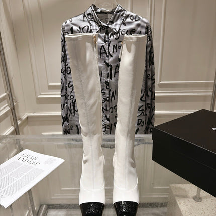 CHANEL 26S HIGH HEEL KNEE HIGH BOOTS 80 MM IN OFF WHITE CALFSKIN AND BLACK PATENT LEATHER