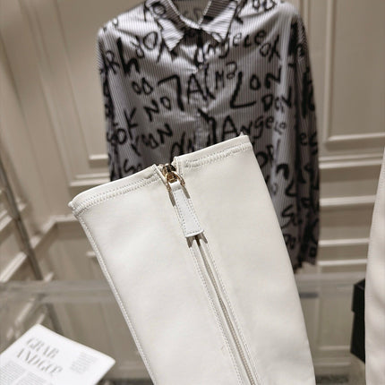 CHANEL 26S HIGH HEEL KNEE HIGH BOOTS 80 MM IN OFF WHITE CALFSKIN AND BLACK PATENT LEATHER