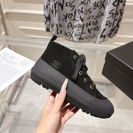 CHANEL 26S LACE UP HIGH TOP SNEAKERS IN BLACK SUEDE