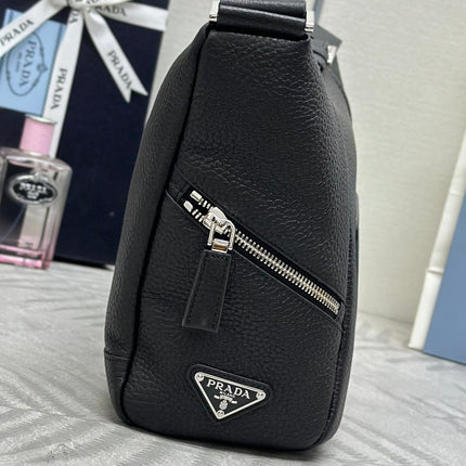 PRADA 25S SHOULDER STRAP BAG 26 IN BLACK CALFSKIN SILVER HARDWARE