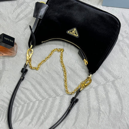 PRADA 25S MINI HOBO BAG 23 IN BLACK VELVET GOLD HARDWARE