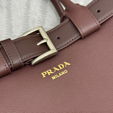 PRADA 25S BUCKLE SMALL HANDBAG 32 IN RICH BROWN CALFSKIN GOLD HARDWARE