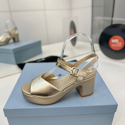 PRADA 26S HEELED SANDALS 70MM IN GOLD CALFSKIN