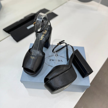 PRADA 26S HEELED SANDALS 115MM IN BLACK CALFSKIN