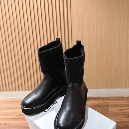 CELINE 26S MID CALF BOOTS 45 MM IN BLACK CALFSKIN AND KNIT SOCK