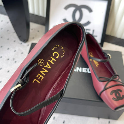 CHANEL 26S SQUARE TOE MARY JANE BALLET FLATS IN BURGUNDY RED AND BLACK CALFSKIN