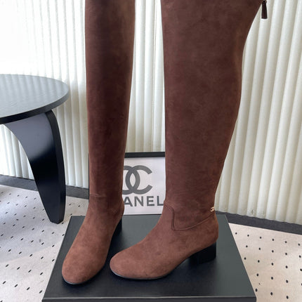 CHANEL 26S KNEE BLOCK HEEL BOOTS 50MM IN CHOCOLATE BROWN SUEDE GOLD HARDWARE
