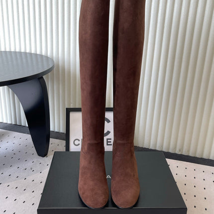 CHANEL 26S KNEE BLOCK HEEL BOOTS 50MM IN CHOCOLATE BROWN SUEDE GOLD HARDWARE