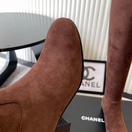 CHANEL 26S KNEE BLOCK HEEL BOOTS 50MM IN CHOCOLATE BROWN SUEDE GOLD HARDWARE