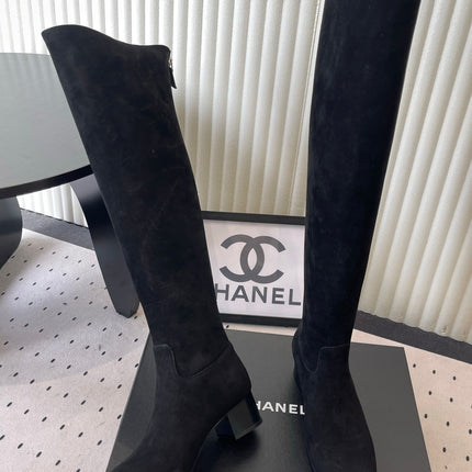 CHANEL 26S KNEE BLOCK HEEL BOOTS 50MM IN BLACK SUEDE SILVER HARDWARE
