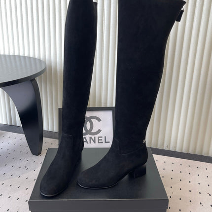 CHANEL 26S KNEE BLOCK HEEL BOOTS 50MM IN BLACK SUEDE SILVER HARDWARE