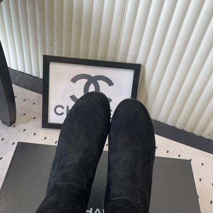 CHANEL 26S KNEE BLOCK HEEL BOOTS 50MM IN BLACK SUEDE SILVER HARDWARE