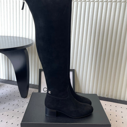 CHANEL 26S KNEE BLOCK HEEL BOOTS 50MM IN BLACK SUEDE SILVER HARDWARE