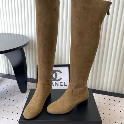 CHANEL 26S KNEE BLOCK HEEL BOOTS 50MM IN TAUPE BROWN SUEDE SILVER HARDWARE