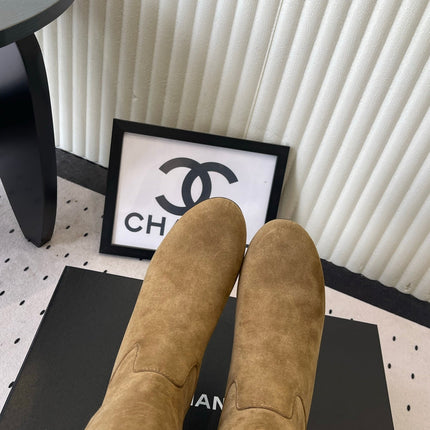 CHANEL 26S KNEE BLOCK HEEL BOOTS 50MM IN TAUPE BROWN SUEDE SILVER HARDWARE