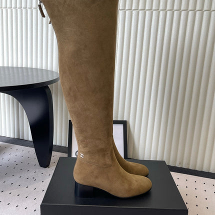 CHANEL 26S KNEE BLOCK HEEL BOOTS 50MM IN TAUPE BROWN SUEDE SILVER HARDWARE