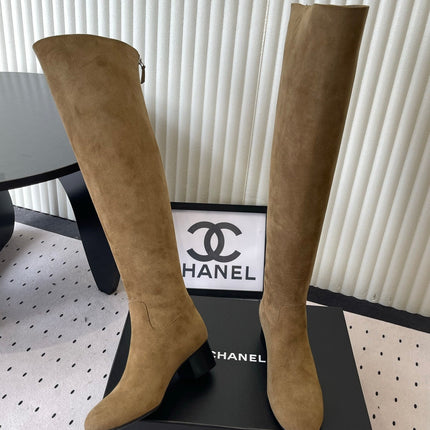 CHANEL 26S KNEE BLOCK HEEL BOOTS 50MM IN TAUPE BROWN SUEDE SILVER HARDWARE