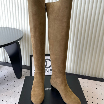 CHANEL 26S KNEE BLOCK HEEL BOOTS 50MM IN TAUPE BROWN SUEDE SILVER HARDWARE