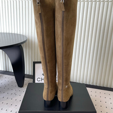 CHANEL 26S KNEE BLOCK HEEL BOOTS 50MM IN TAUPE BROWN SUEDE SILVER HARDWARE