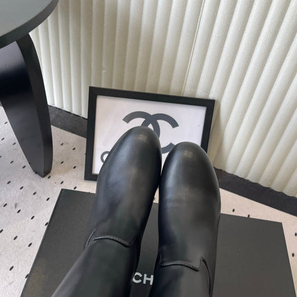 CHANEL 26S KNEE BLOCK HEEL BOOTS 50MM IN BLACK CALFSKIN SILVER HARDWARE