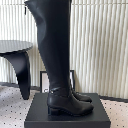 CHANEL 26S KNEE BLOCK HEEL BOOTS 50MM IN BLACK CALFSKIN SILVER HARDWARE