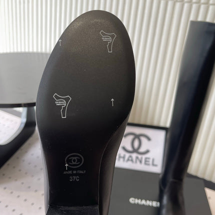 CHANEL 26S KNEE BLOCK HEEL BOOTS 50MM IN BLACK CALFSKIN SILVER HARDWARE