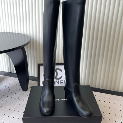 CHANEL 26S KNEE BLOCK HEEL BOOTS 50MM IN BLACK CALFSKIN SILVER HARDWARE