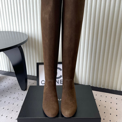 CHANEL 26S KNEE BLOCK HEEL BOOTS 50MM IN DARK BROWN SUEDE GOLD HARDWARE