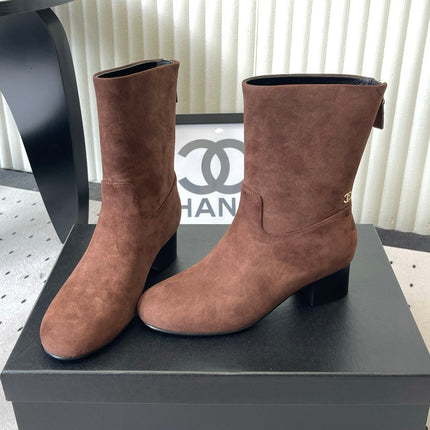 CHANEL 26S MID CALF BLOCK HEEL BOOTS 50MM IN DARK BROWN SUEDE