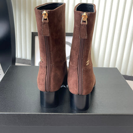CHANEL 26S MID CALF BLOCK HEEL BOOTS 50MM IN DARK BROWN SUEDE