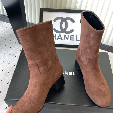 CHANEL 26S MID CALF BLOCK HEEL BOOTS 50MM IN DARK BROWN SUEDE