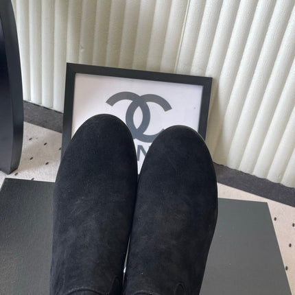 CHANEL 26S MID CALF BLOCK HEEL BOOTS 50MM IN BLACK SUEDE