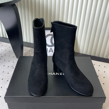 CHANEL 26S MID CALF BLOCK HEEL BOOTS 50MM IN BLACK SUEDE