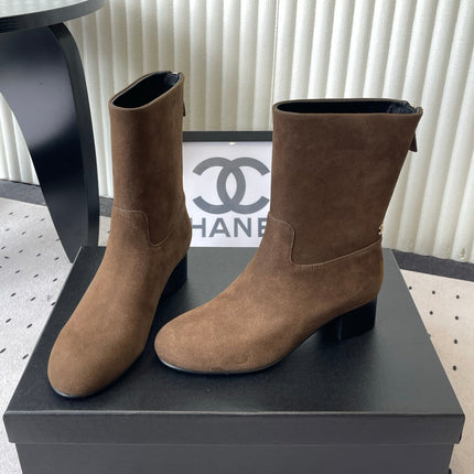 CHANEL 26S MID CALF BLOCK HEEL BOOTS 50MM IN BROWN SUEDE