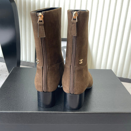 CHANEL 26S MID CALF BLOCK HEEL BOOTS 50MM IN BROWN SUEDE