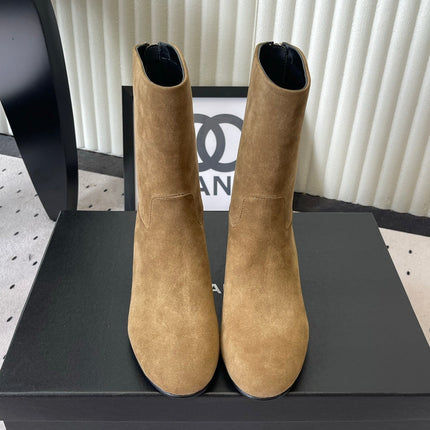 CHANEL 26S MID CALF BLOCK HEEL BOOTS 50MM IN CARAMEL BROWN SUEDE