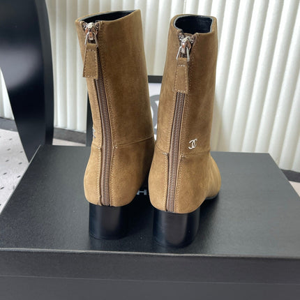 CHANEL 26S MID CALF BLOCK HEEL BOOTS 50MM IN CARAMEL BROWN SUEDE