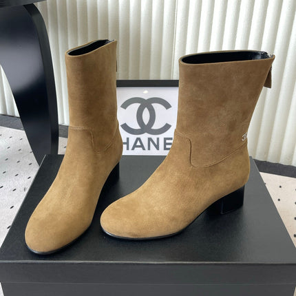 CHANEL 26S MID CALF BLOCK HEEL BOOTS 50MM IN CARAMEL BROWN SUEDE