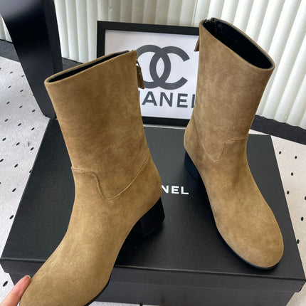 CHANEL 26S MID CALF BLOCK HEEL BOOTS 50MM IN CARAMEL BROWN SUEDE