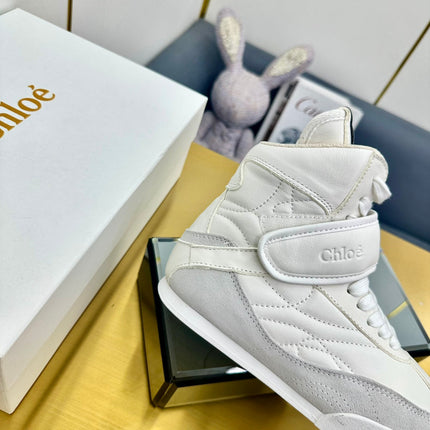 CHLOE 26S HIGH-TOP SKATE SNEAKERS IN WHITE CALFSKIN AND LIGHT GREY SUEDE