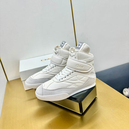 CHLOE 26S HIGH-TOP SKATE SNEAKERS IN WHITE CALFSKIN AND LIGHT GREY SUEDE